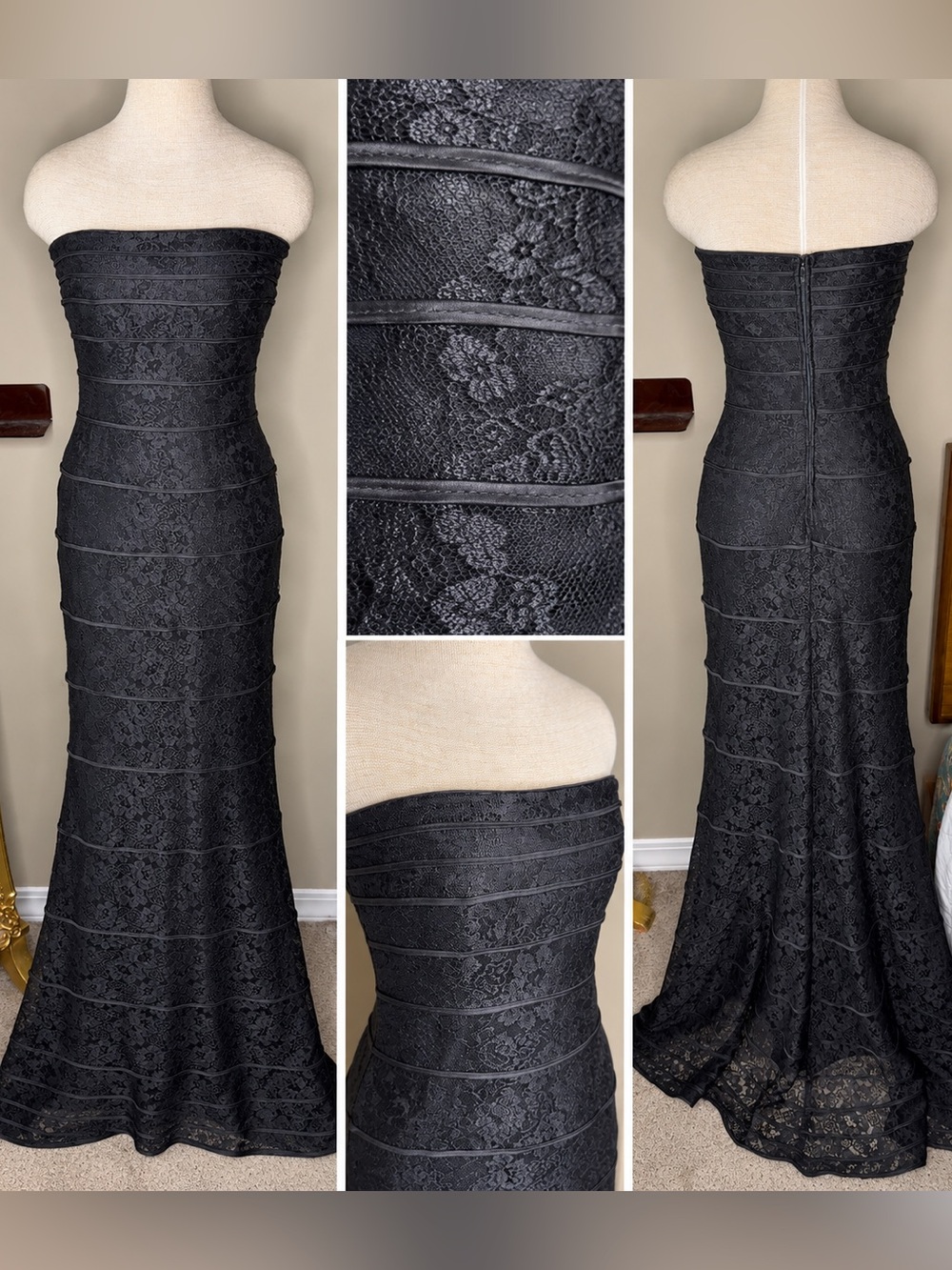 Vintage Lillie Rubin Black Lace Strapless Gown Gothic Romance Black Tie Wedding